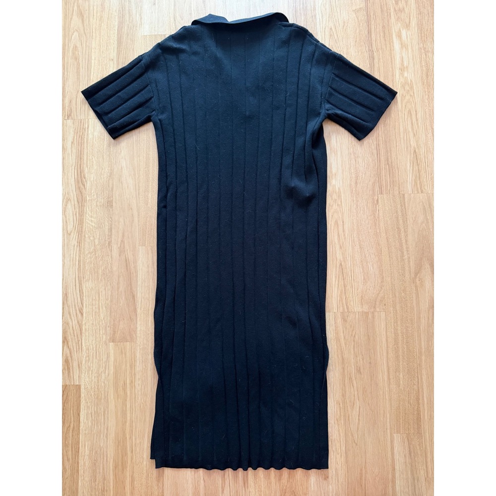 H&M Black Ribbed Knit Polo Midi Dress Short Sleeve V-Neck Side Slit Size Small - Picture 5 of 5